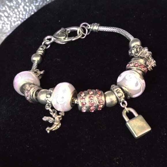 BRIGHTON-LIKE PINK ARTGLASS SWIRL SILVERY LOCK, KEY, ANGEL HEART BRACELET 55 - Picture 1 of 2
